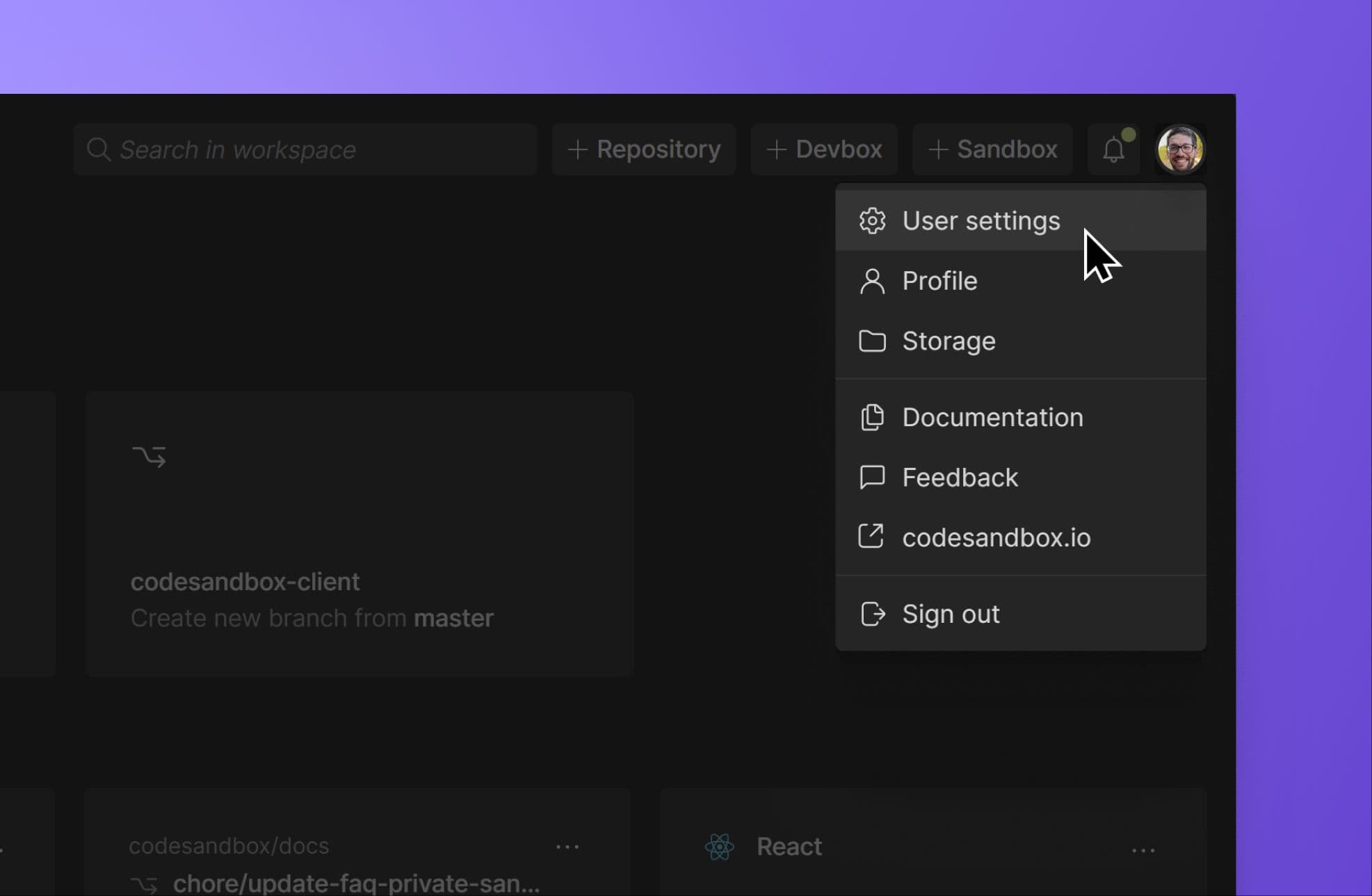 Preferences Dropdown Menu Point on CodeSandbox Dashboard