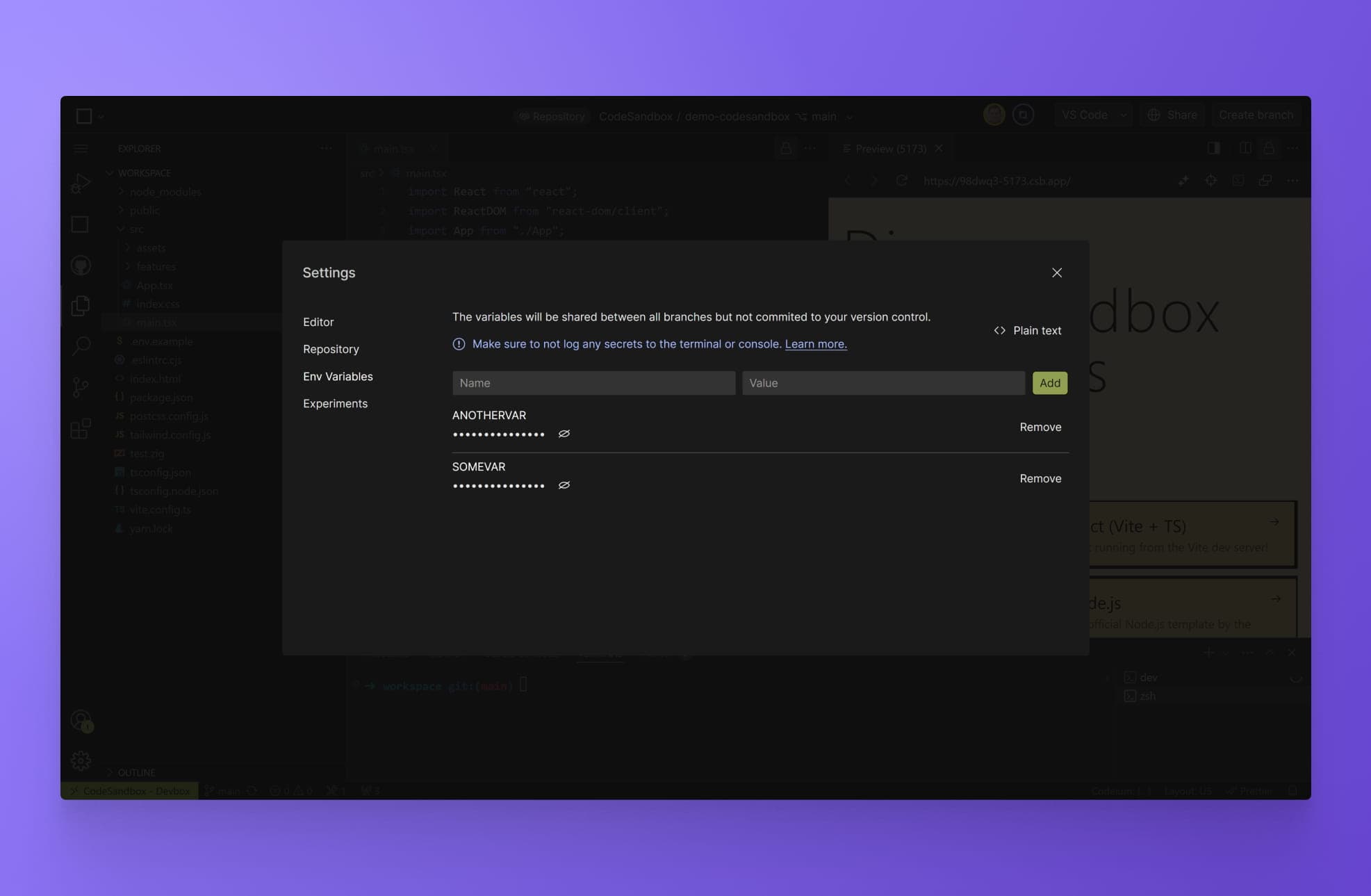 CodeSandbox Environment Variables